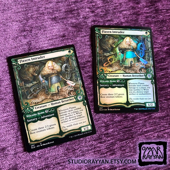 Limited edition Magic: The Gathering artist proof card "Flaxen Intruder" from the Throne of Eldraine card game set. Signed by artist Omar Rayyan.