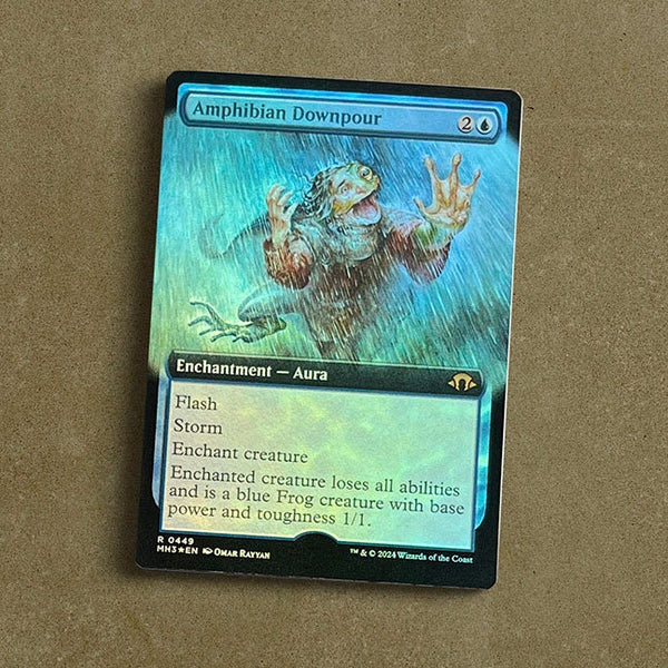 Amphibian Downpour artist proof game card, illustrated by artist Omar Rayyan for the Magic: the Gathering Modern Horizons 3 set.