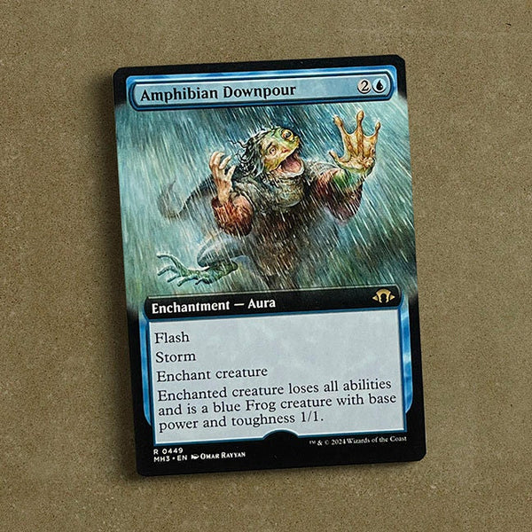 Amphibian Downpour artist proof game card, illustrated by artist Omar Rayyan for the Magic: the Gathering Modern Horizons 3 set.