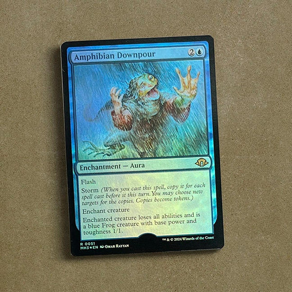 Amphibian Downpour artist proof game card, illustrated by artist Omar Rayyan for the Magic: the Gathering Modern Horizons 3 set.