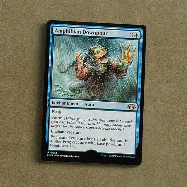 Amphibian Downpour artist proof game card, illustrated by artist Omar Rayyan for the Magic: the Gathering Modern Horizons 3 set.