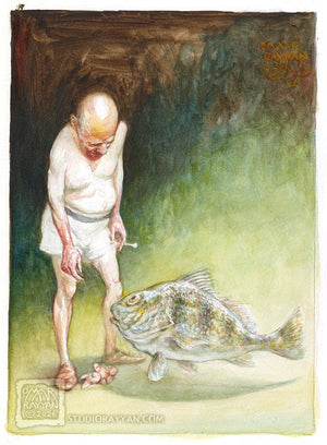Original Watercolor Painting - Old Man and His Fish