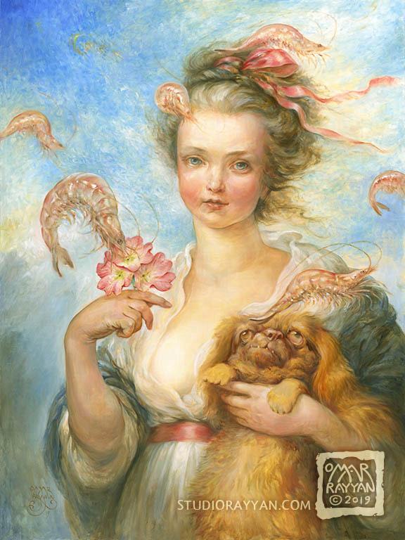 Original Oil Painting - Pekingese and Prawns