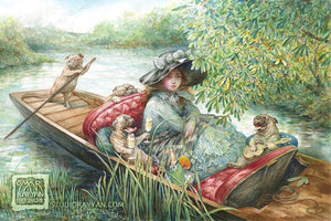 Original Watercolor Painting - Pugs in a Punt