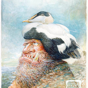 Wilhelm the Windswept Wearing a Warming Winter Eider Down.
Original watercolor painting by artist Omar Rayyan of a troll wearing an eider duck as a warm winter hat.
